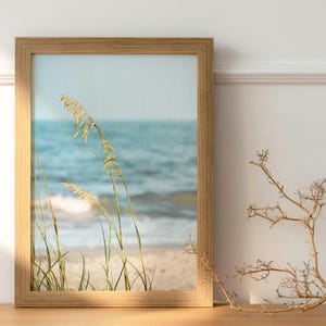May include: A framed print featuring a coastal scene with sea oats and ocean waves. The wooden frame surrounds the image of a beach with tall grasses and a serene blue sea. A decorative branch and sphere are on the table.