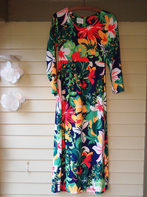 Vintage 1970s Tropical Pattern Maxi Dress - image 1