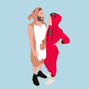May include: A couple wearing matching animal print pajamas. The man is wearing a brown kangaroo costume with a white belly and the woman is wearing a red ladybug costume with black polka dots.