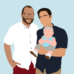 May include: Two people, one holding a baby, smiling at the camera. The person on the left is wearing a white button-down shirt and red pants. The person on the right is wearing a dark blue shirt and khaki pants. The baby is wearing a light blue shirt and beige pants.