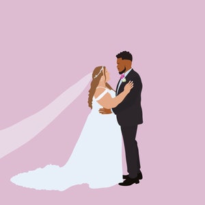 May include: A bride and groom embrace, the bride wearing a white gown with a long veil and the groom wearing a black suit with a pink flower on his lapel. The couple is standing against a light pink background.