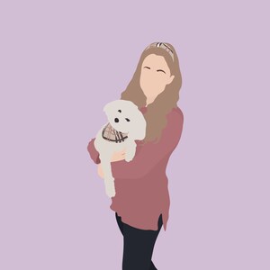 May include: A woman with long brown hair wearing a pink shirt and black pants is holding a small white dog with a plaid bandana.