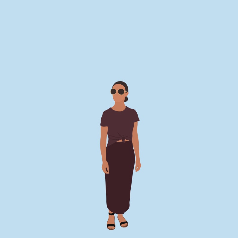 May include: A woman wearing a dark brown top with a knot at the waist and a matching skirt. She is wearing sunglasses and black sandals.