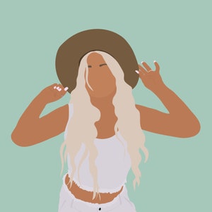 May include: A woman with long blonde hair wearing a white tank top and a brown wide-brimmed hat. She is smiling and has her arms raised.