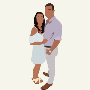 May include: A couple standing close together. The woman is wearing a white dress and the man is wearing a purple shirt and beige pants.