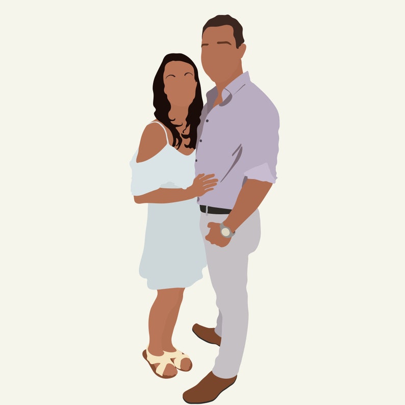 May include: A couple standing close together. The woman is wearing a white dress and the man is wearing a purple shirt and beige pants.
