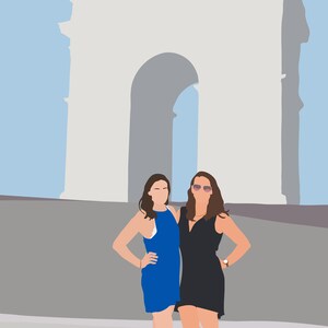May include: Two people stand in front of a large archway. The person on the left is wearing a blue dress and the person on the right is wearing a black dress. Both people are smiling.