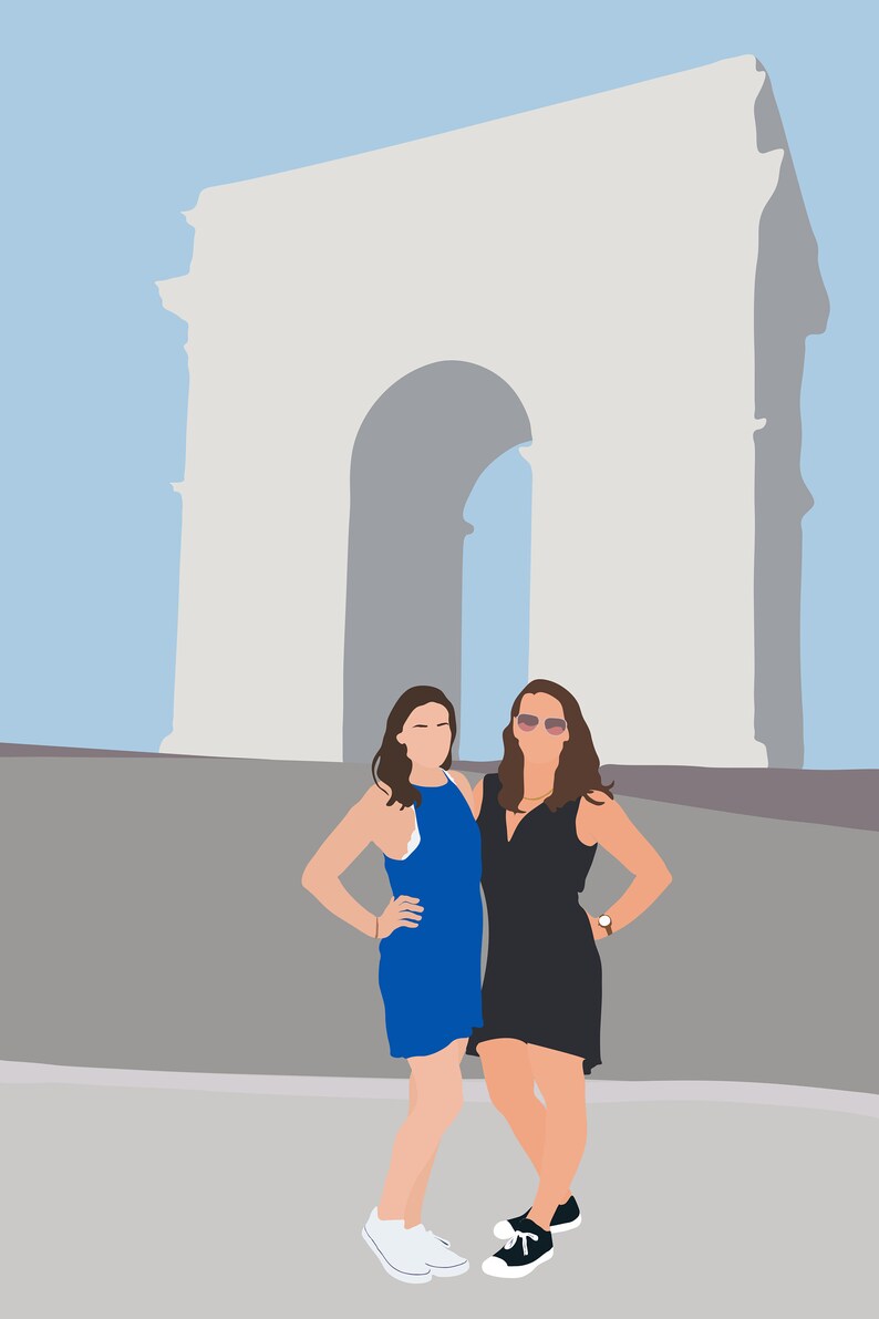 May include: Two people stand in front of a large archway. The person on the left is wearing a blue dress and the person on the right is wearing a black dress. Both people are smiling.