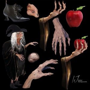May include: A digital illustration of a witch with a long white wig, a black dress, and a pointed hat. She is holding a small, brown object in her hand. There are also images of a red apple, a hand with long, gnarled fingers, and a boot.