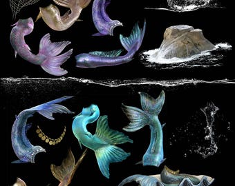 Mermaid tails, mermaid bra, mermaid rock, water splashes, tail overlay, Photo Editing, Digital Photography, Photoshop Overlay, Clipart