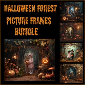 May include: A set of five digital Halloween picture frames featuring a spooky forest scene with a glowing archway, pumpkins, and other Halloween decorations. The frames are perfect for adding a festive touch to your photos.