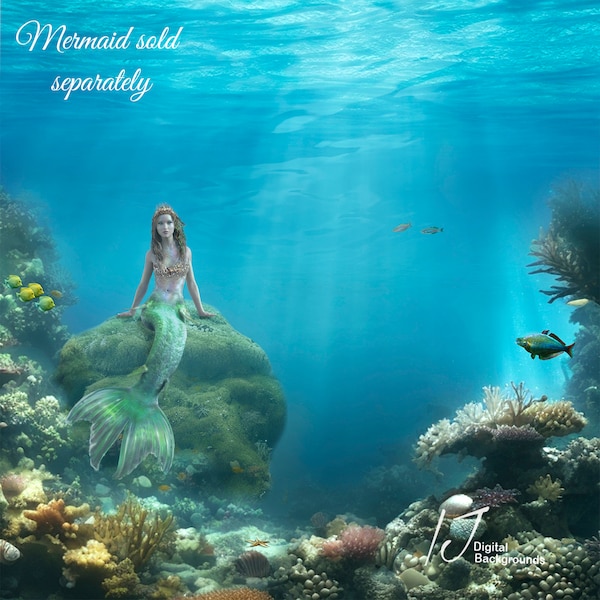 Mermaid underwater rock background, underwater photography, photoshop composite