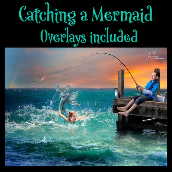 Sea Jetty Background With Overlays, a Mermaid Tail, Fishing Rod