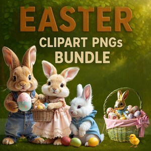 May include: A digital clipart bundle of Easter-themed images featuring four adorable bunny rabbits. The bunnies are holding Easter eggs and baskets. The text "Easter Clipart PNGs Bundle" is displayed at the top of the image.
