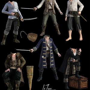 Può includere: Sei diversi costumi da pirata con vari accessori, tra cui spade, un uncino, una gamba di legno e uno scrigno del tesoro. I costumi presentano colori e stili diversi, tra cui un cappotto blu, un gilet marrone e una camicia a righe.