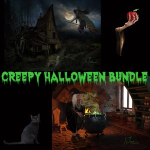 Halloween background and the witch&#39;s caudron, Witch&#39;s broom hats cauldron warts and all, black cat, toad,crystal ball and a jar of eyeballs