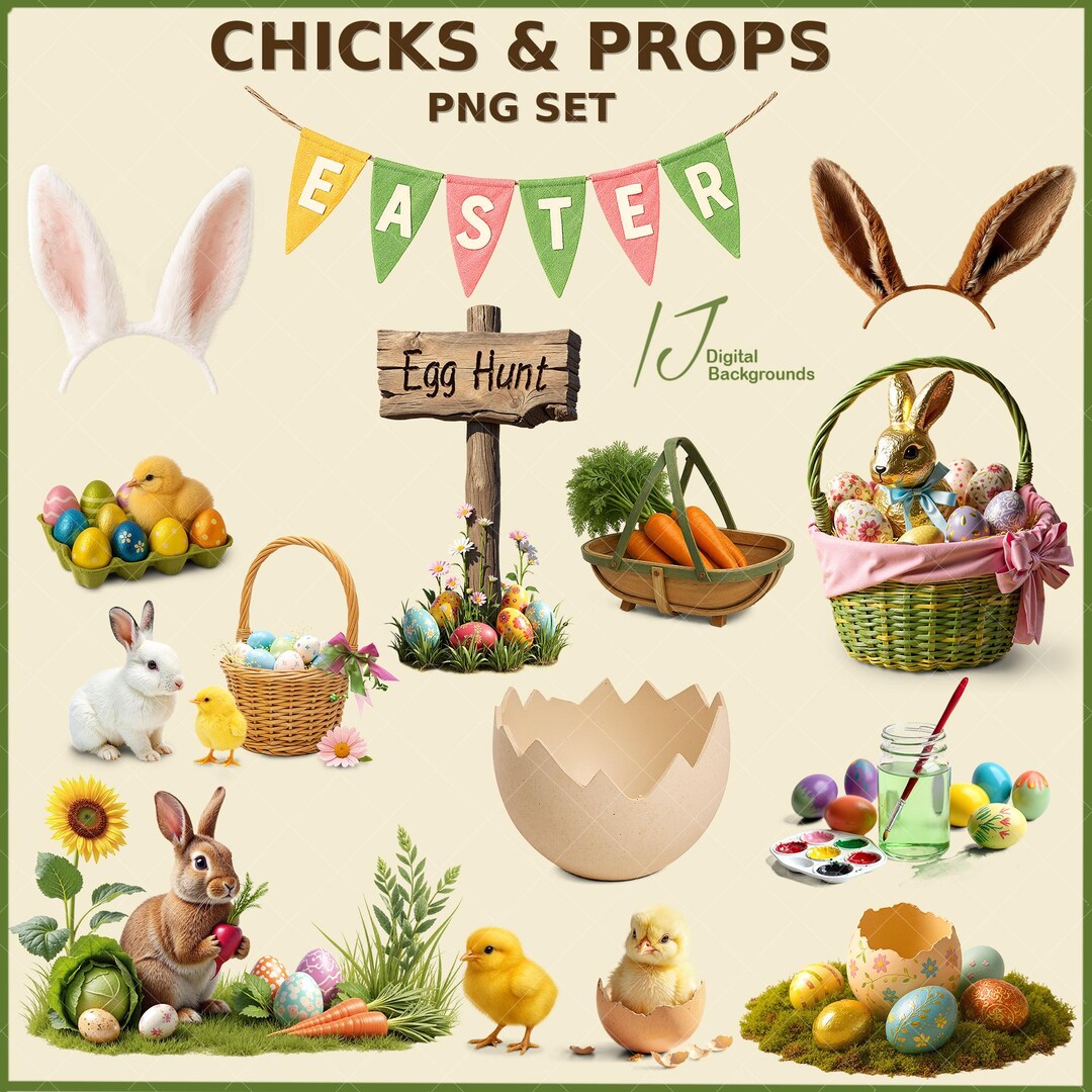 Spring and Easter Props PNG Bundle | Chickens, Bunny Ears, Transparent ...