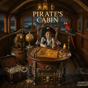 Arrière-plan numérique de la cabine du capitaine du bateau pirate, toile de fond trésor de pirate pour la photographie en studio, art composite, téléchargement JPEG imprimable