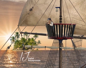 Fondo de barco pirata, nido de cuervo, fondo para fotógrafos de retratos de estudio y composiciones, scrapbookers, descarga imprimible