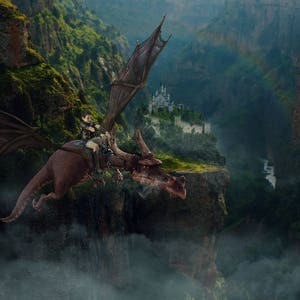 Dragon trainer riding a dragon castle fantasy digital background