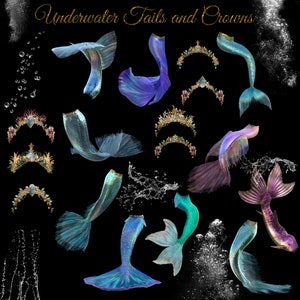 Mermaid tails 3, png overlays, mermaid crowns, underwater bubbles for photography and composites , girls fantasy fairytale, digital clipart