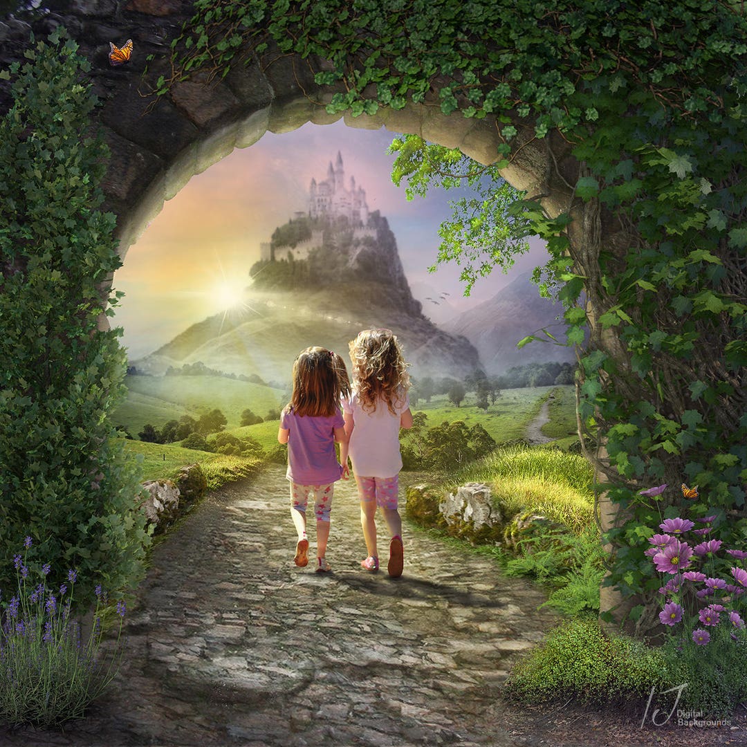 10x8ft Fairy Tale Castle Photography Backdrop - Vintage Stone Arch Window With Mountains & Flowers Background For Studio Photo Shoots