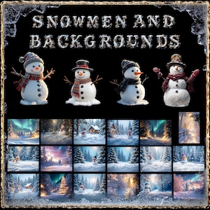 May include: A digital download of 20 winter wonderland backgrounds and 3 snowman illustrations. The backgrounds feature snowy forests, cabins, and aurora borealis. The snowmen are wearing hats and scarves.