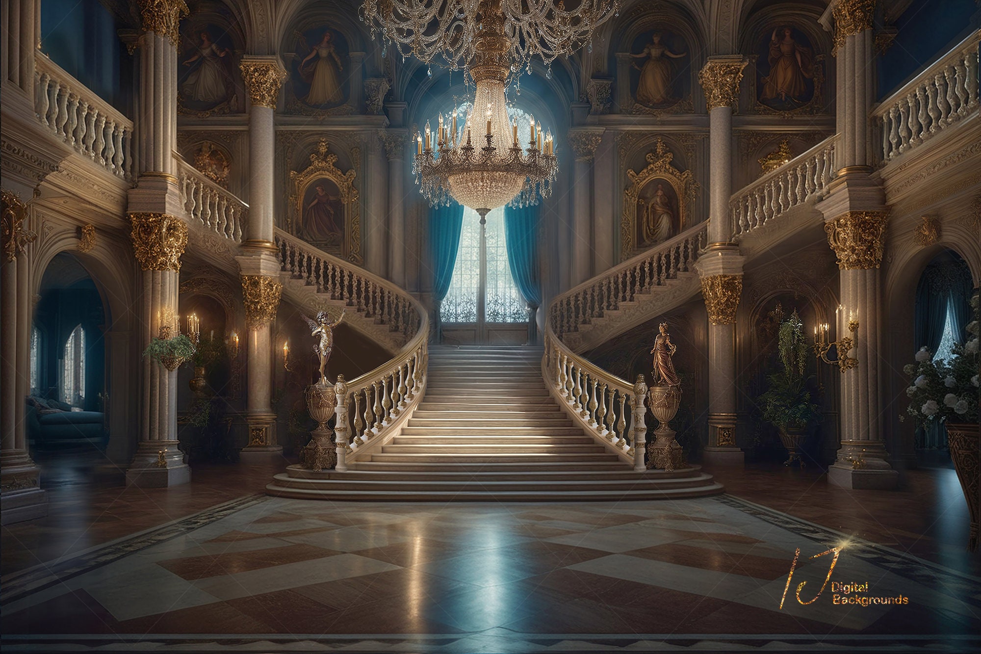 シンデレラの大階段、デジタル背景のダウンロード、子供や家族の写真