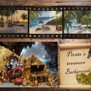Piratenschatz Hintergründe, tropischer Strand, digitaler Hintergrund für Photoshop, Fotografen und Verbundstoffe
