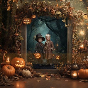 May include: Two children dressed in Halloween costumes stand in a spooky woodland setting. They are holding jack-o'-lanterns and are surrounded by autumn foliage. The scene is framed by a wooden archway decorated with pumpkins and leaves.