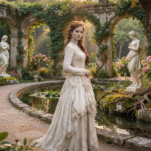 May include: A woman in a cream dress stands in a garden with a pond and stone path. The garden features classical statues, arched structures, and pink flowers. The scene is bathed in sunlight, creating a romantic atmosphere. The image has a vintage aesthetic.