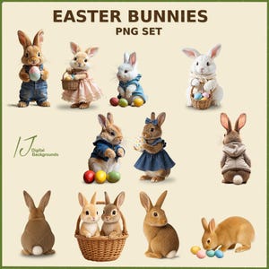 May include: A set of 10 digital PNG images of Easter bunnies. The bunnies are in various poses and wearing different outfits. Some are holding baskets of Easter eggs, while others are holding single eggs. The images are perfect for adding a touch of spring to your digital projects.