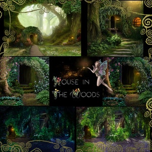 May include: A composite image featuring several scenes of whimsical forest dwellings. The scenes depict small houses built into trees and hillsides, surrounded by lush greenery and pathways. A fairy with wings is also present, along with the text "House in the Woods".
