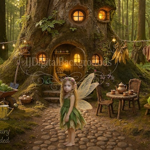 妖精のツリーハウス3、ファンタジーの森のデジタル背景、Photoshop用おとぎ話のシーン、写真合成と写真家向けの印刷可能な背景