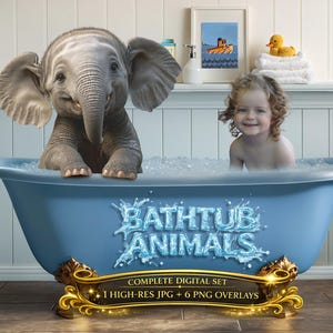 Animals in the Bath tub, Digital Background and Overlays for kids. Photographers backdrop, Elephant, Walrus, Dolphin, Pelican, Seal, & Hippo