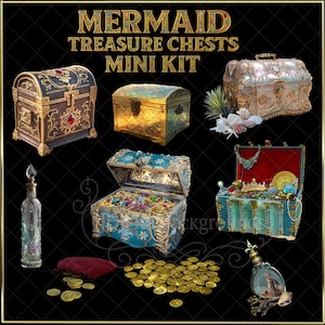 Puede incluir: Imagen que presenta una colección de cofres del tesoro en miniatura, una botella de vidrio y monedas de oro. Los cofres están intrincadamente diseñados con detalles ornamentados, joyas y colores variados. El texto "MERMAID TREASURE CHESTS MINI KIT" está en la parte superior.