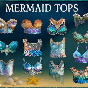 Könnte beinhalten: Eine Auswahl an Meerjungfrauen-Oberteilen in verschiedenen Designs und Farben, darunter Muschel- und Schuppenmuster. Das Bild zeigt den Text "MERMAID TOPS" oben, mit einem Seestern und Muscheln unten.