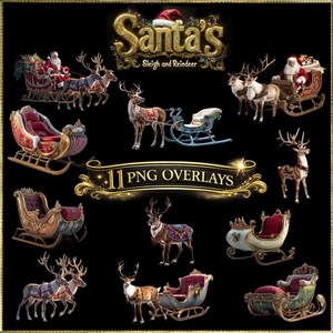 Santa's Christmas Sleigh and Reindeer png Photoshop Overlays, Holliday clipart for Photographers and Scrapbookers and Composites
