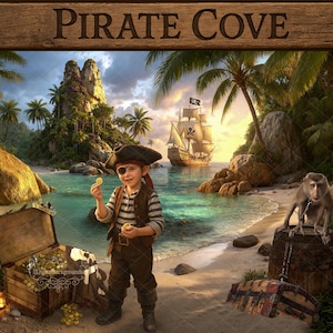 Pirate Cove Treasure Island Hintergrund, mit Piratenschiff, Äffchen und Schatzkiste, für die Fantasy-Fotografie und Kommode. Digital