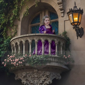 May include: A young girl in a purple dress and a tiara stands on a stone balcony overlooking a city. She is looking out at the view, and there is a lit lantern on the wall behind her.