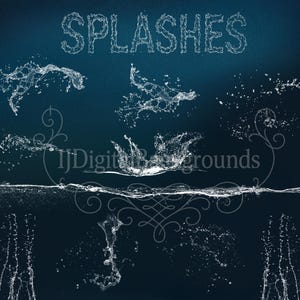 Puede incluir: Imagen de arte digital con varias salpicaduras de agua blancas sobre un fondo azul oscuro. La palabra "SPLASHES" está escrita con letras de gotas de agua blancas. La imagen incluye salpicaduras de agua y remolinos decorativos.