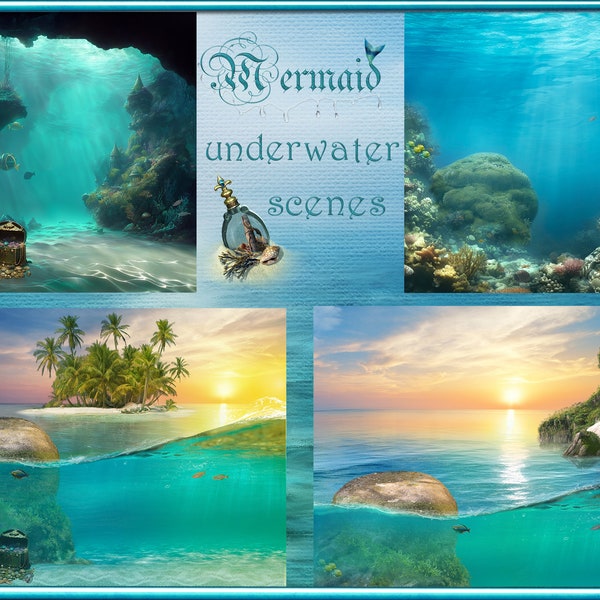 Digital Mermaid Backgrounds: Underwater Scenes, Treasure Chest, Island View, Ocean Rock, Fantasy Backdrops for Photographers and Designers