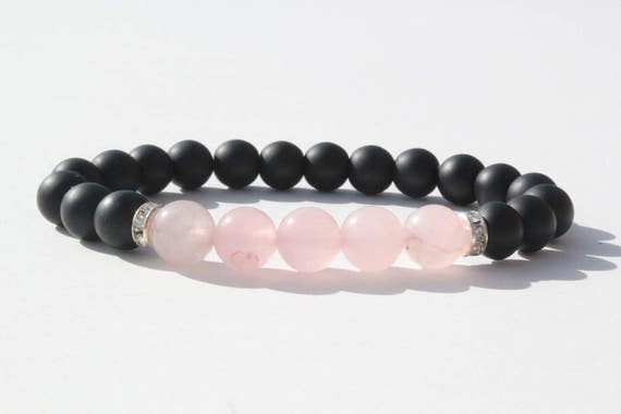 Bracelet mm, quartz rose, onyx noir, cadeaux, bracelet pour