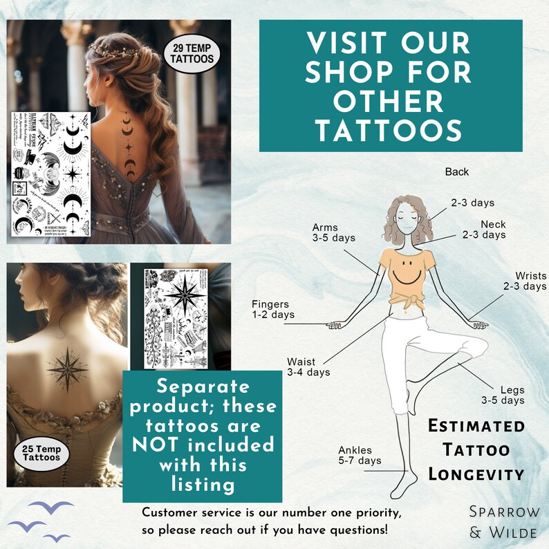 May include: A graphic showing the estimated longevity of temporary tattoos applied to different parts of the body. The graphic shows a person with temporary tattoos on their fingers, arms, neck, back, waist, ankles, wrists, and legs. The graphic also includes text that says "Visit our shop for other tattoos" and "Separate product; these tattoos are NOT included with this listing".