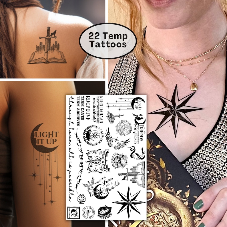 May include: A sheet of 22 temporary tattoos featuring black and white illustrations of stars, wings, swords, a compass, a book, a crescent moon, and other designs. The text "Light it up" and "Through love, all is possible" are included on the sheet.