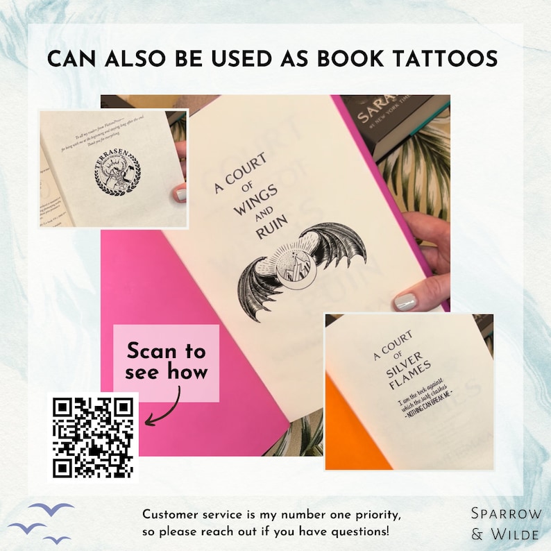 May include: A close-up of a pink book cover with the text "A Court of Wings and Ruin" and a black and white illustration of a dragon. The book is being held by a hand with a silver ring on the index finger. The text "Scan to see how" is on a pink background with a QR code.
