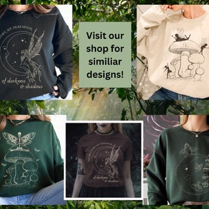 Op de afbeelding: Zes verschillende sweatshirts met verschillende ontwerpen met fee&euml;n, paddenstoelen en maanfasen. De tekst op de sweatshirts luidt "Tell me a story, my dear moon, of darkness & shadows".