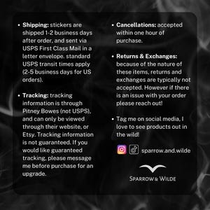 May include: A black graphic with white text outlining shop policies, including shipping, tracking, cancellations, and returns. The text also includes social media handles and the shop's name, Sparrow & Wilde, with a bird logo.