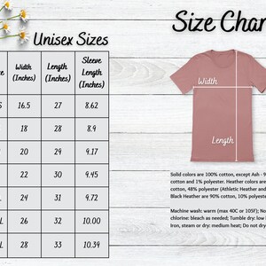 K&ouml;nnte beinhalten: Unisex-Gr&ouml;&szlig;entabelle f&uuml;r T-Shirts mit Ma&szlig;en in Zoll f&uuml;r Breite, L&auml;nge und &Auml;rmell&auml;nge. Die Tabelle zeigt die Gr&ouml;&szlig;en XS bis 3XL. Die Tabelle enth&auml;lt auch Informationen &uuml;ber die Stoffzusammensetzung und Pflegehinweise.