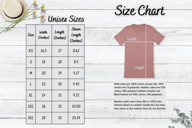 K&ouml;nnte beinhalten: Unisex-Gr&ouml;&szlig;entabelle f&uuml;r T-Shirts mit Ma&szlig;en in Zoll f&uuml;r Breite, L&auml;nge und &Auml;rmell&auml;nge. Die Tabelle zeigt die Gr&ouml;&szlig;en XS bis 3XL. Die Tabelle enth&auml;lt auch Informationen &uuml;ber die Stoffzusammensetzung und Pflegehinweise.